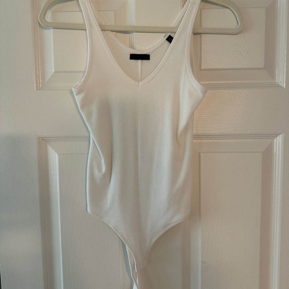 ATM Model Rib Deep-V Bodysuit One Piece in WHITE - Size S